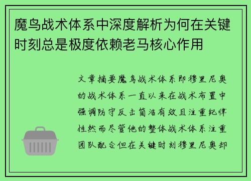 魔鸟战术体系中深度解析为何在关键时刻总是极度依赖老马核心作用